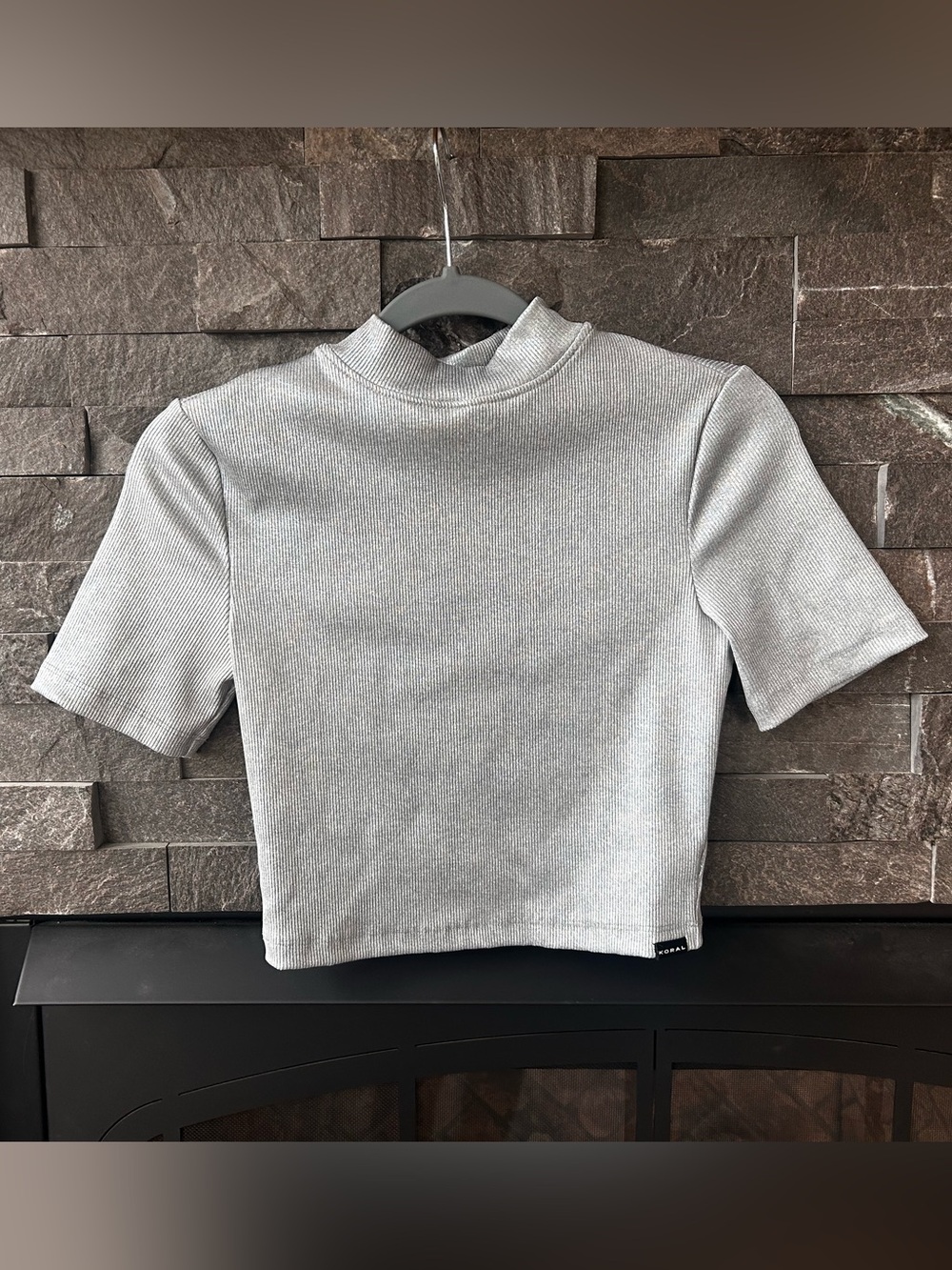 Koral Metallic Silver Iridescent Ribbed Mock Neck Crop Top